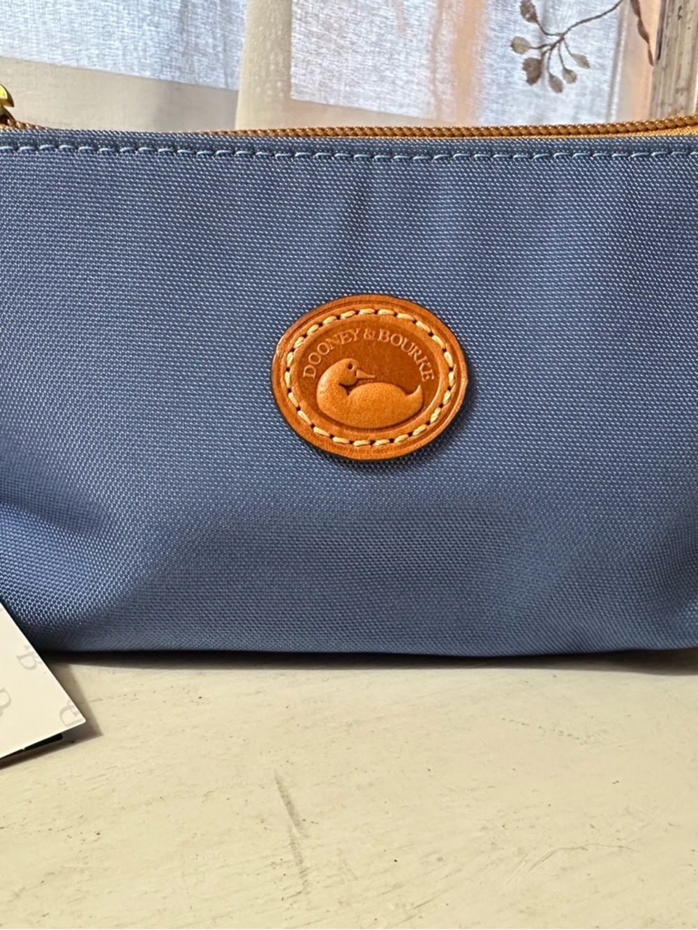 Dooney & Bourke Light Blue Nylon Cosmetic Bag with Tan Leather Logo NWT